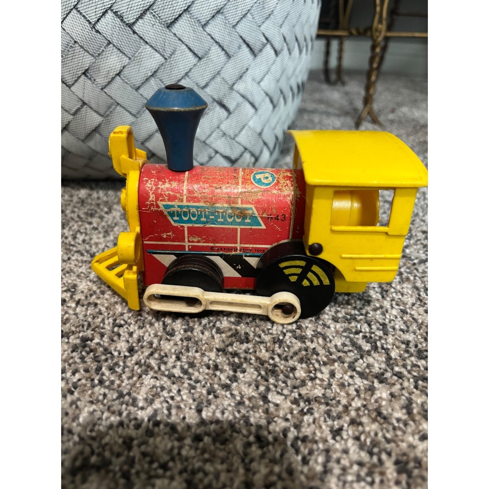Vintage Fisher-Price Toot-Toot Engine 643 Red Yellow Blue Wooden Train Toy 1964